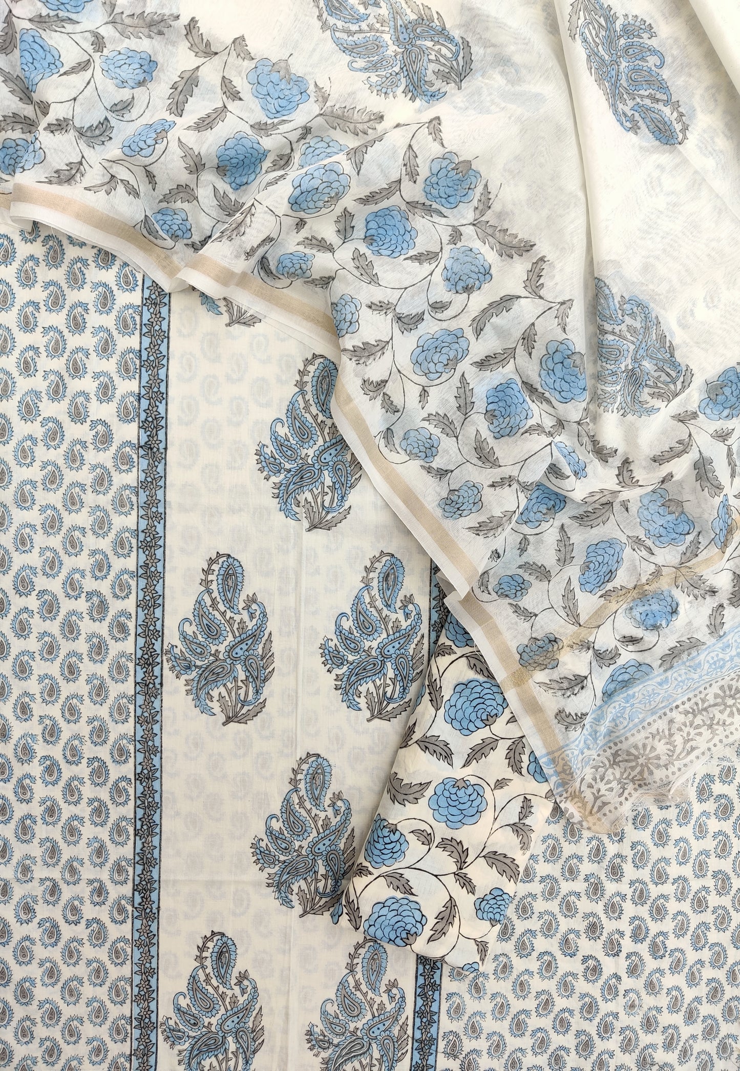 Hand Block Printed Cotton Suit with Mul Chanderi Dupatta