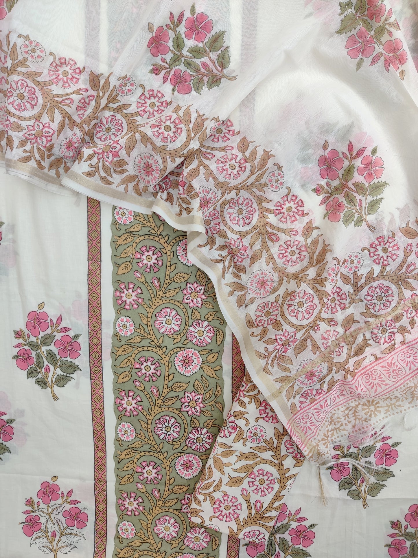 Hand Block Printed Cotton Suit with Mul Chanderi Dupatta