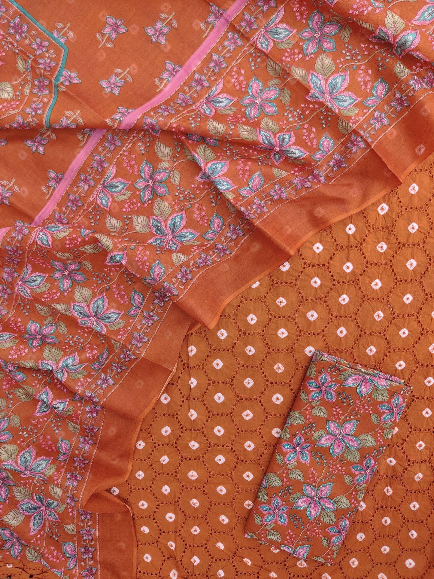 BANDHANI Schiffli Suit with Mulmul Dupatta