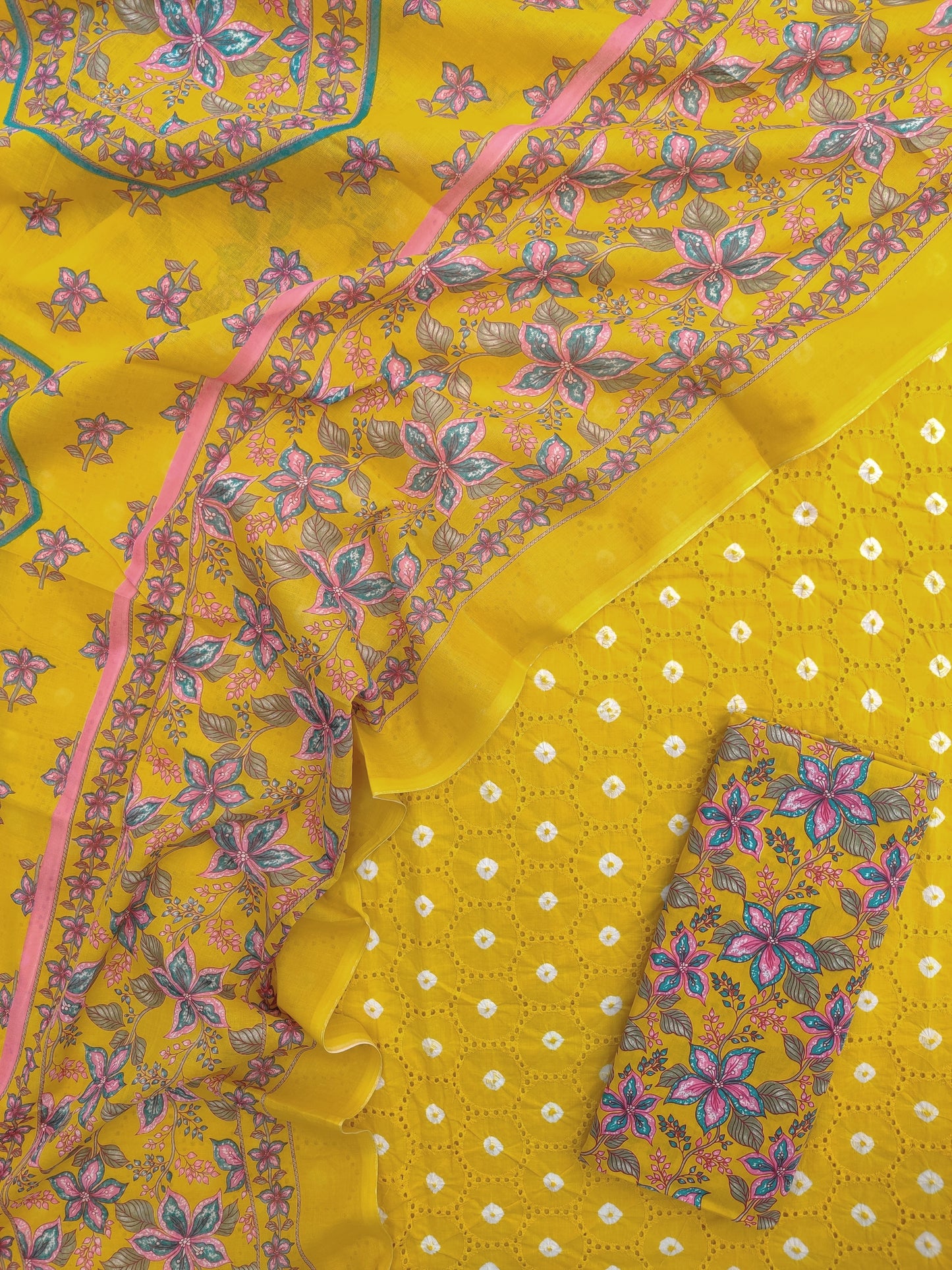 BANDHANI Schiffli Suit with Mulmul Dupatta