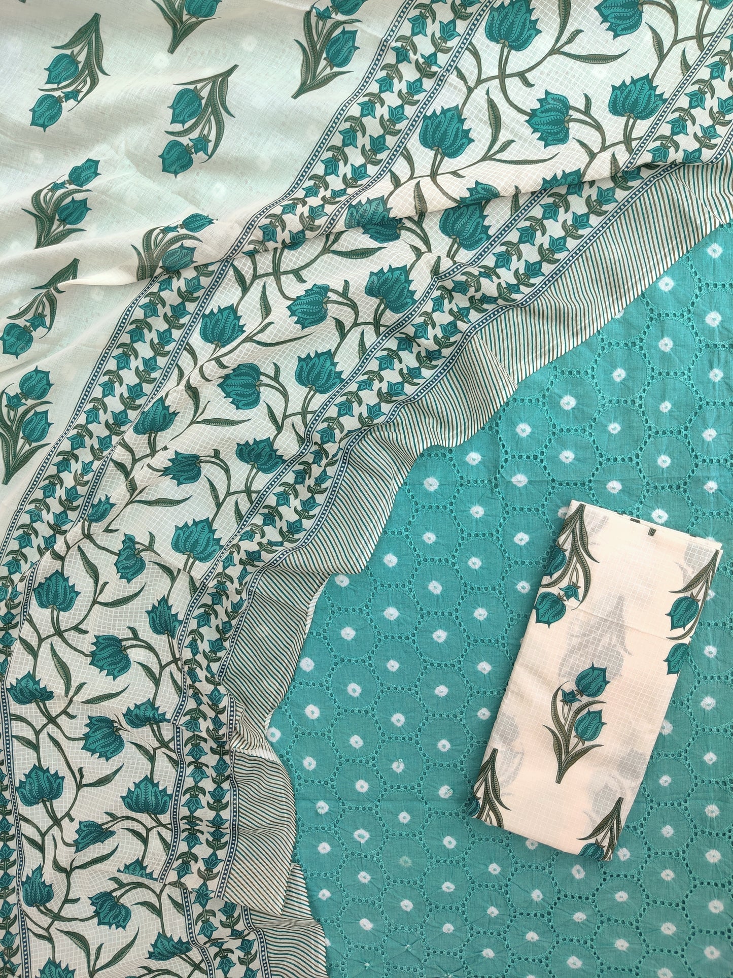 BANDHANI Schiffli Suit with Mulmul Dupatta