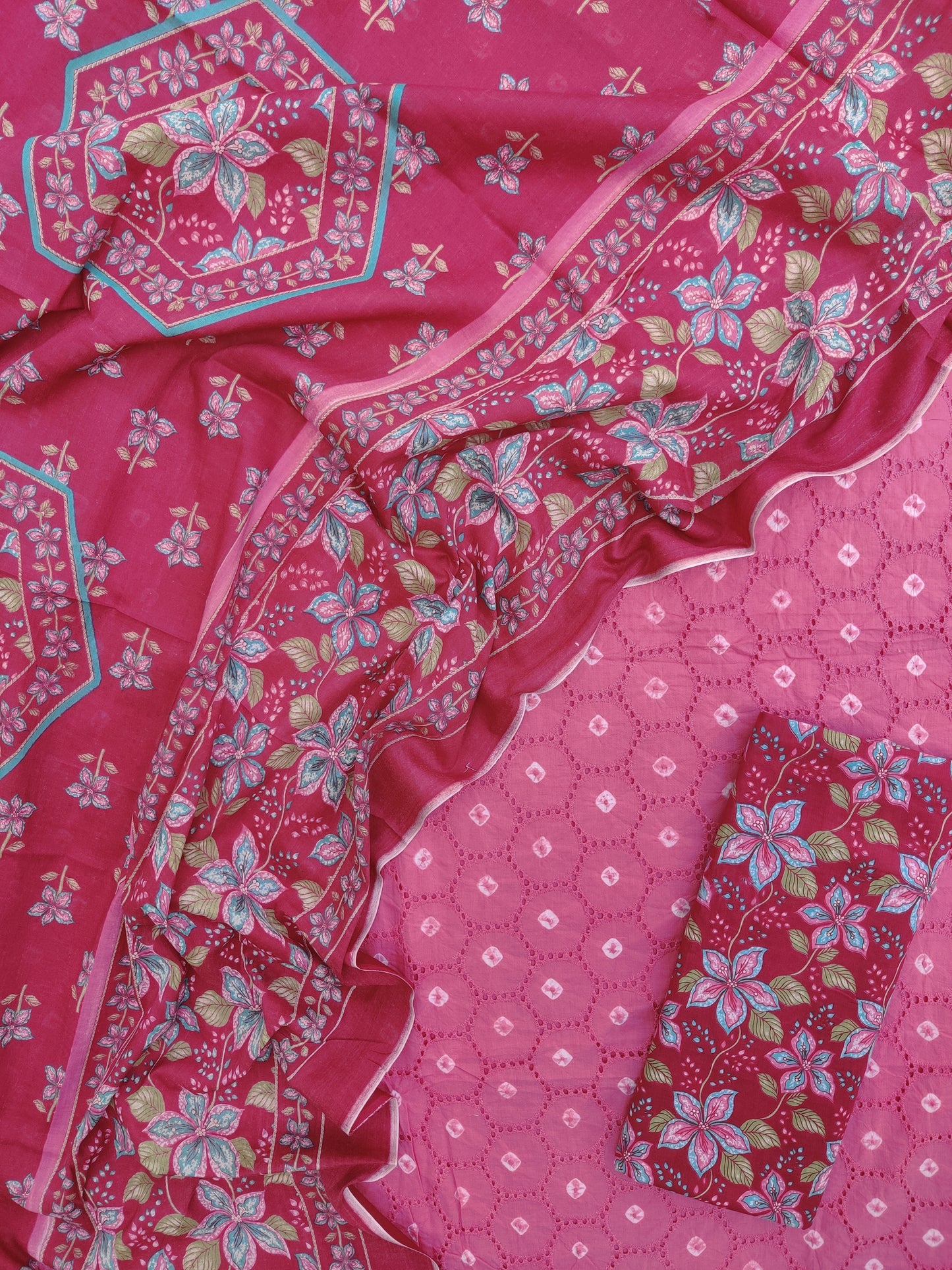 BANDHANI Schiffli Suit with Mulmul Dupatta
