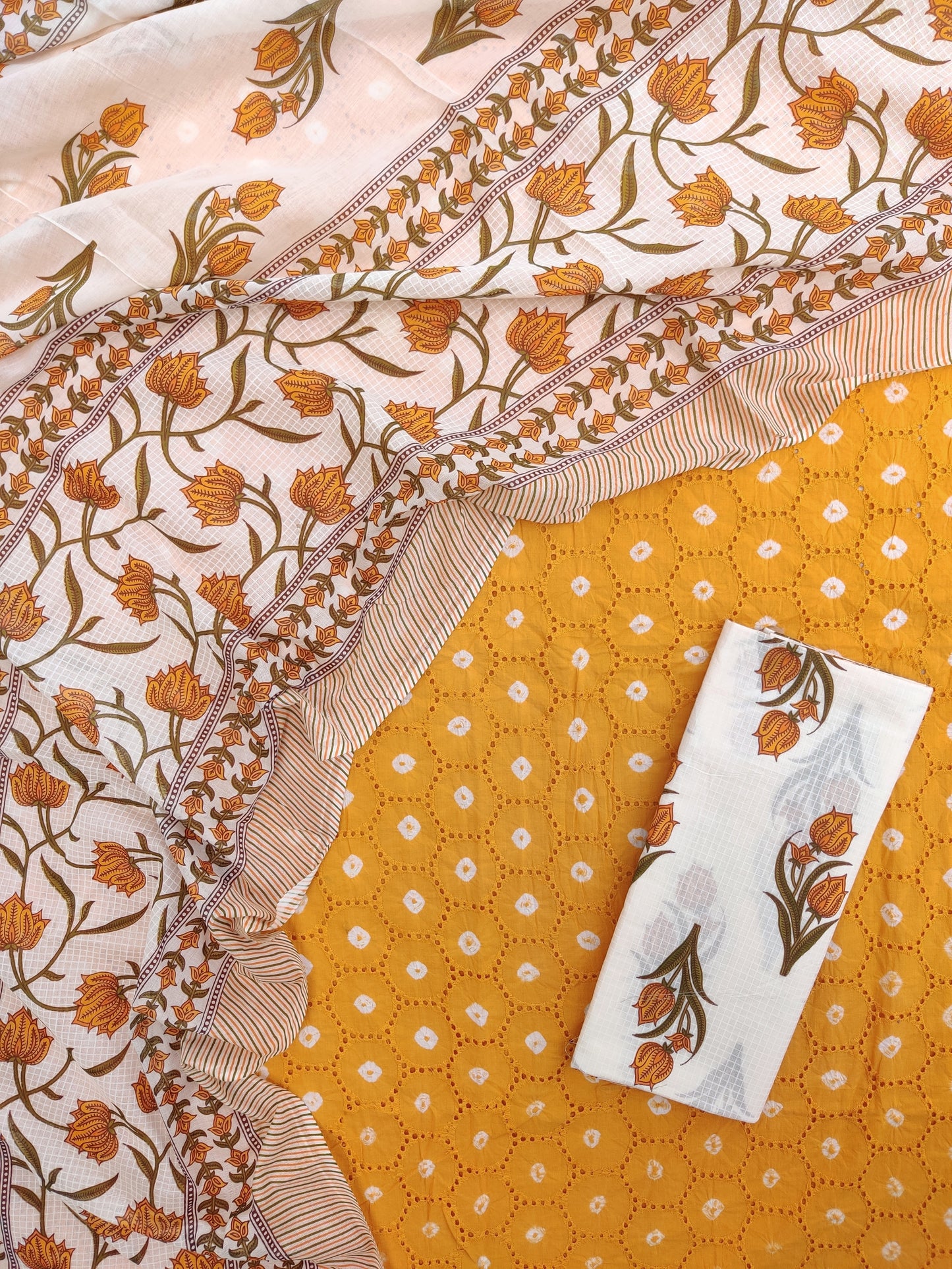 BANDHANI Schiffli Suit with Mulmul Dupatta