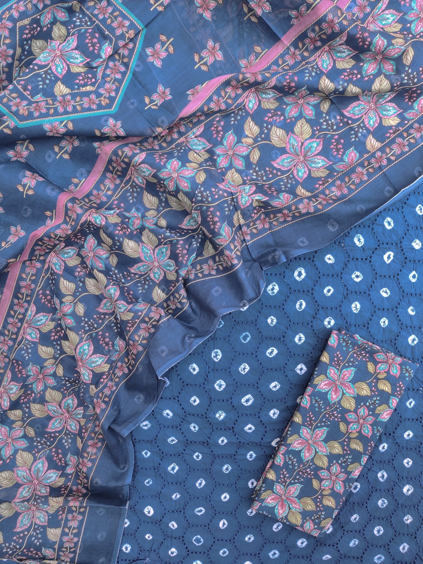 BANDHANI Schiffli Suit with Mulmul Dupatta