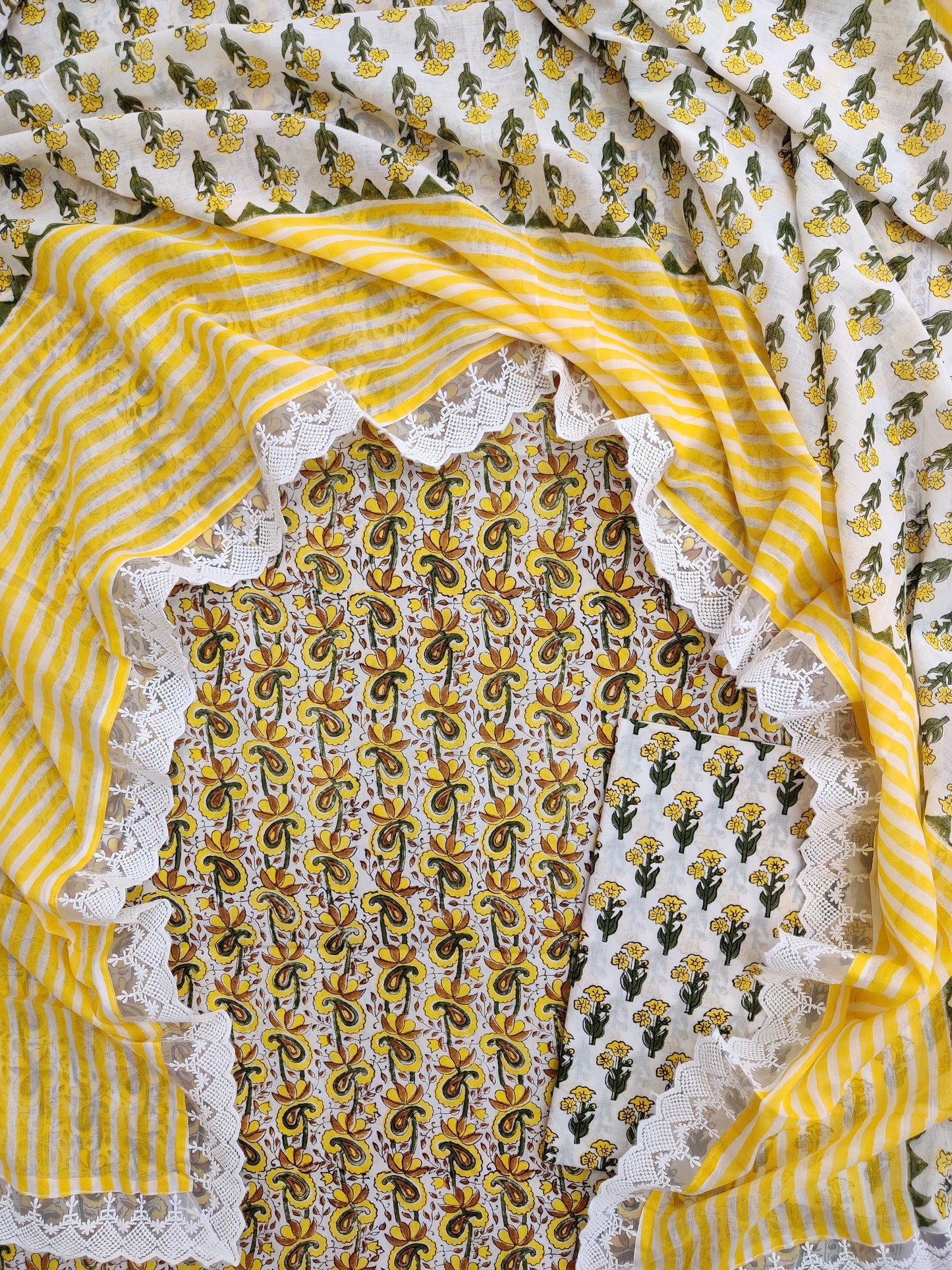 Hand Block Printed Cotton Suit With Lace Work Mulmul Dupatta