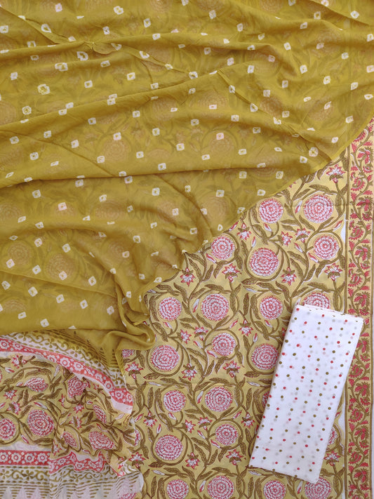 Hand Block Printed Cotton Suits with Mulmul Bandhej Dupatta