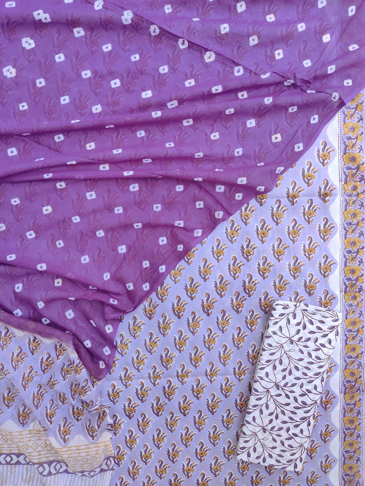 Hand Block Printed Cotton Suits with Mulmul Bandhej Dupatta