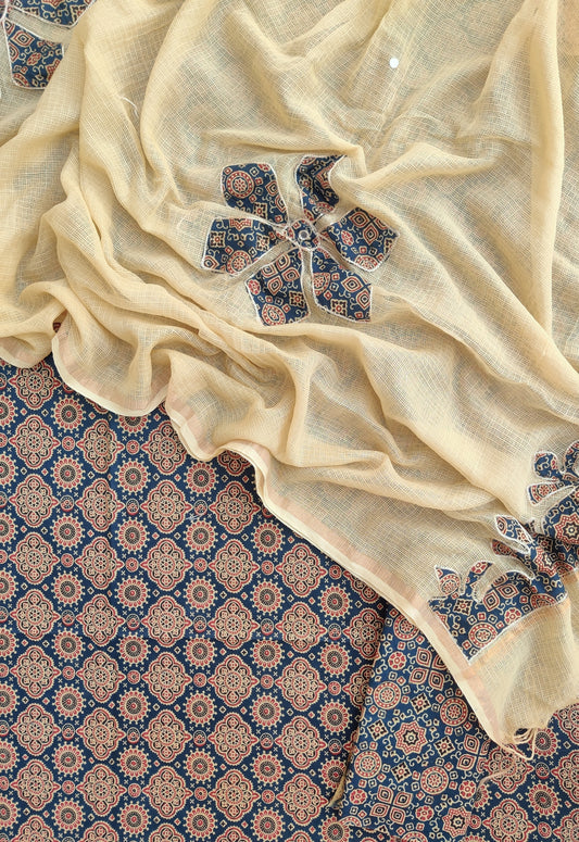 AJRAKH Printed Cotton Suit with Applique Work Kota Doria Dupatta