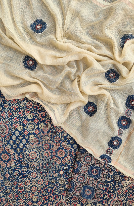 AJRAKH Printed Cotton Suit with Applique Work Kota Doria Dupatta