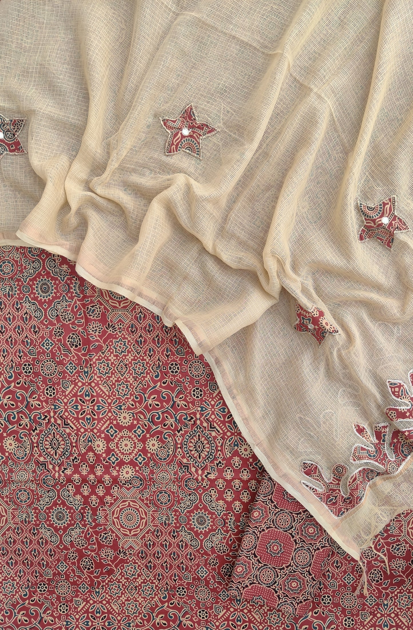 AJRAKH Printed Cotton Suit with Applique Work Kota Doria Dupatta