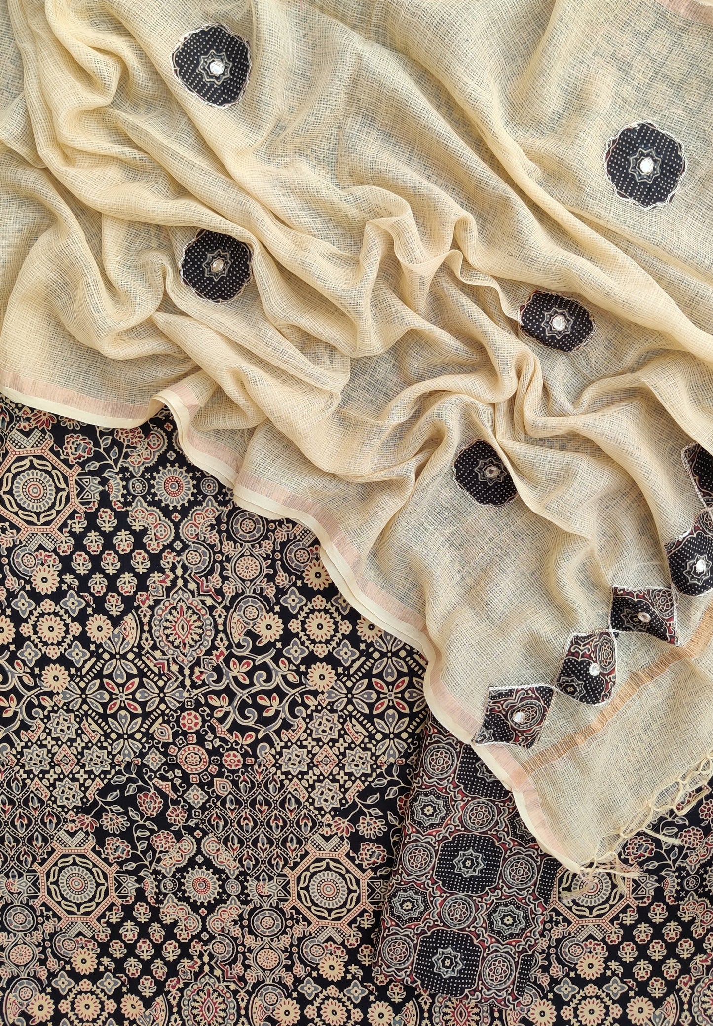 AJRAKH Printed Cotton Suit with Applique Work Kota Doria Dupatta
