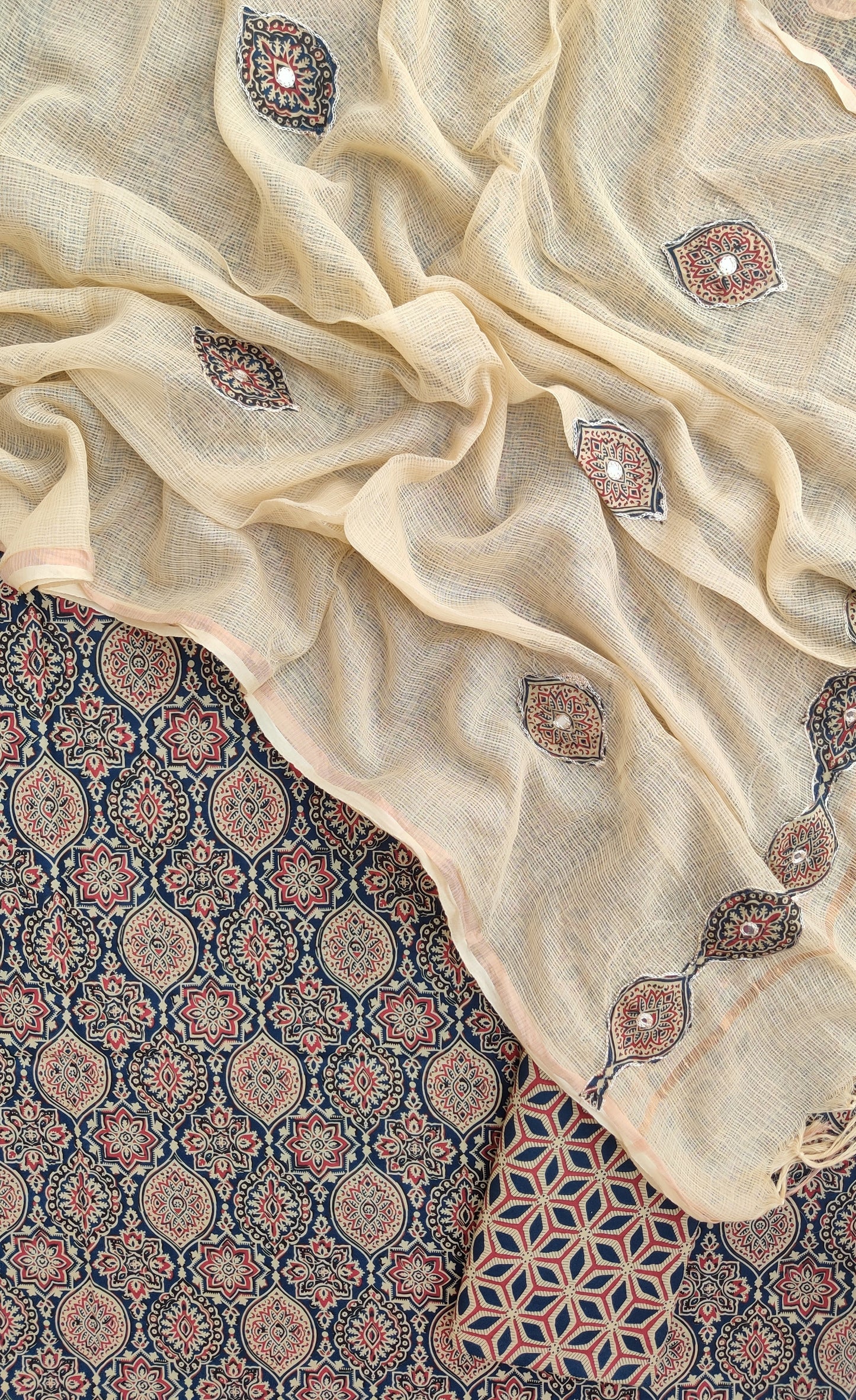 AJRAKH Printed Cotton Suit with Applique Work Kota Doria Dupatta