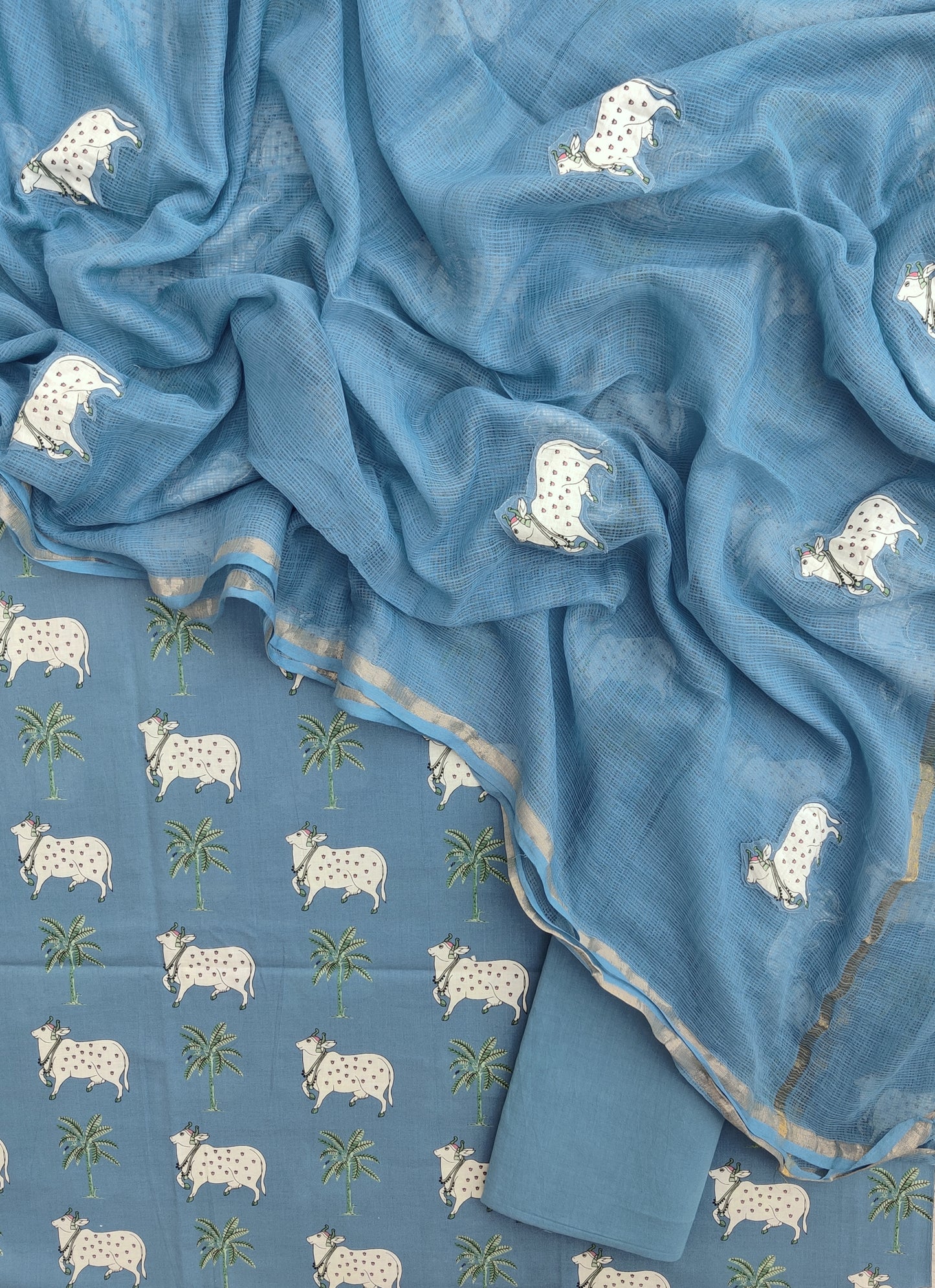 PICHWAI Printed Cotton Suit with Applique Work Kota Doria Dupatta
