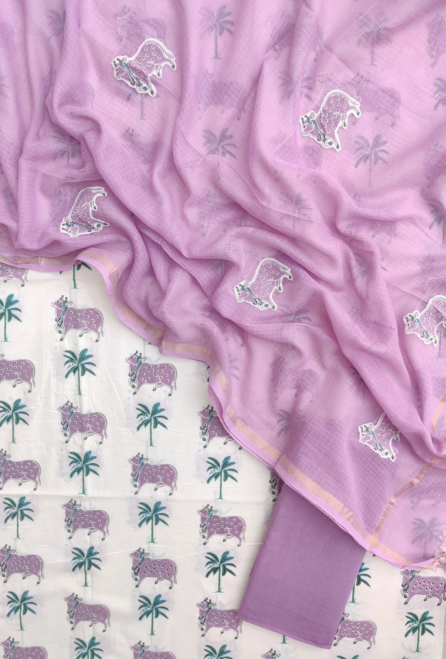 PICHWAI Printed Cotton Suit with Applique Work Kota Doria Dupatta