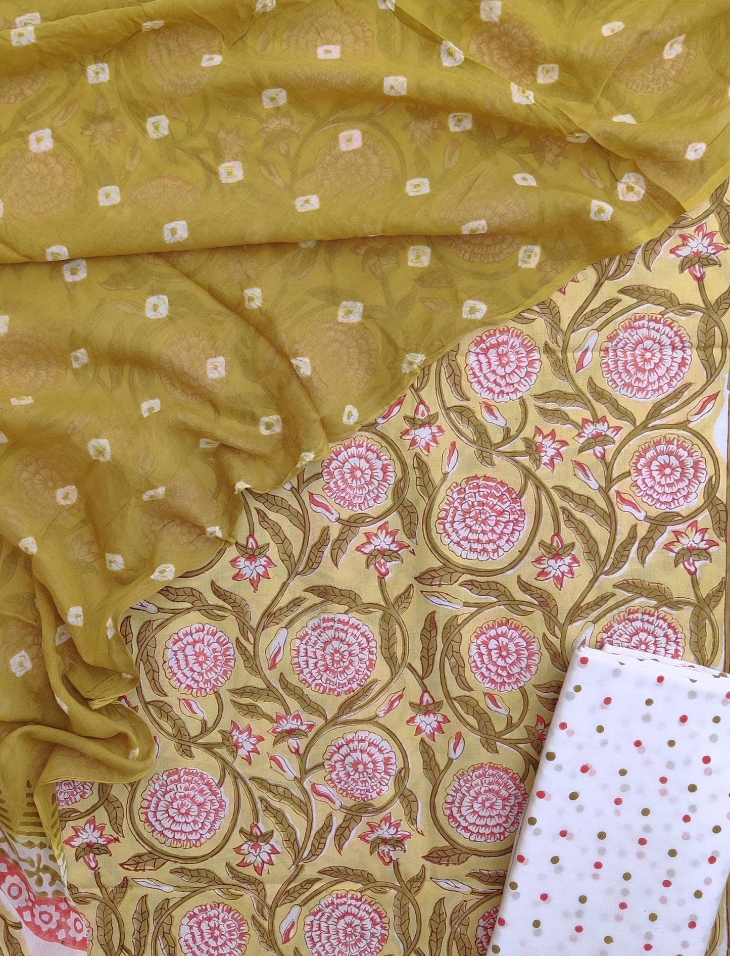 Hand Block Printed Cotton Suits with Mulmul Bandhej Dupatta