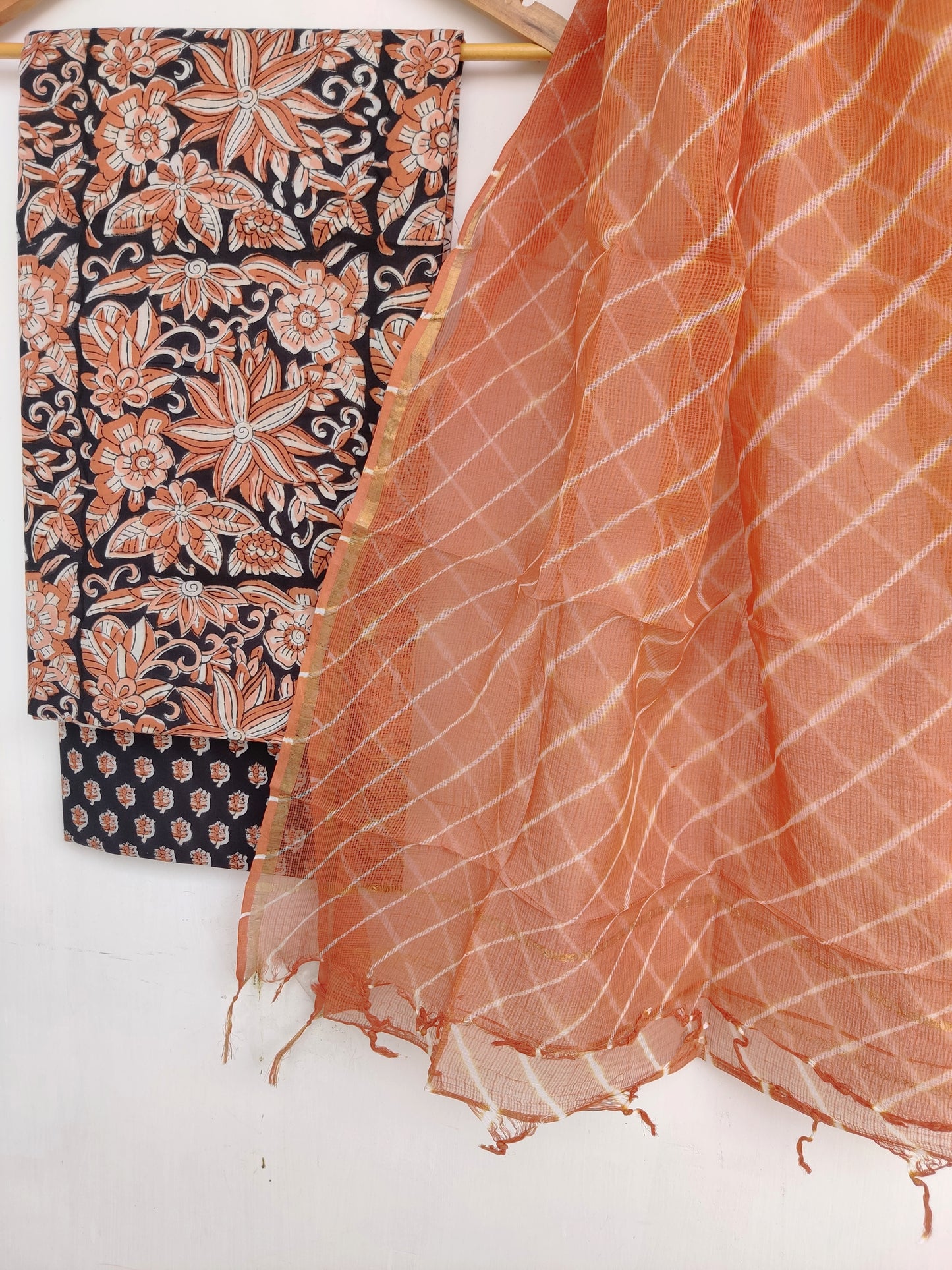 BLOCK PRINTED COTTON SUIT WITH LEHRIYA KOTA DORIA DUPATTA