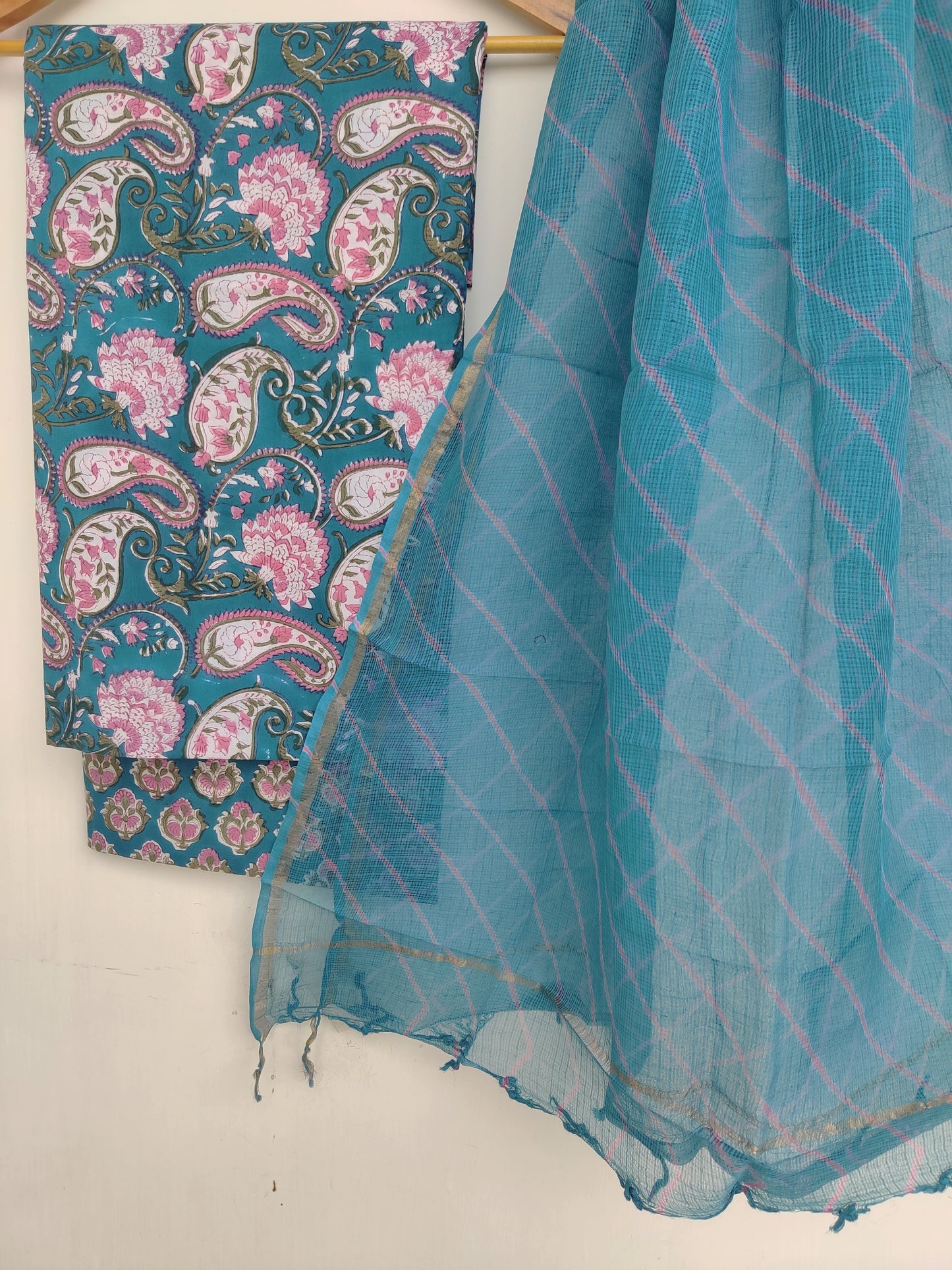 BLOCK PRINTED COTTON SUIT WITH LEHRIYA KOTA DORIA DUPATTA
