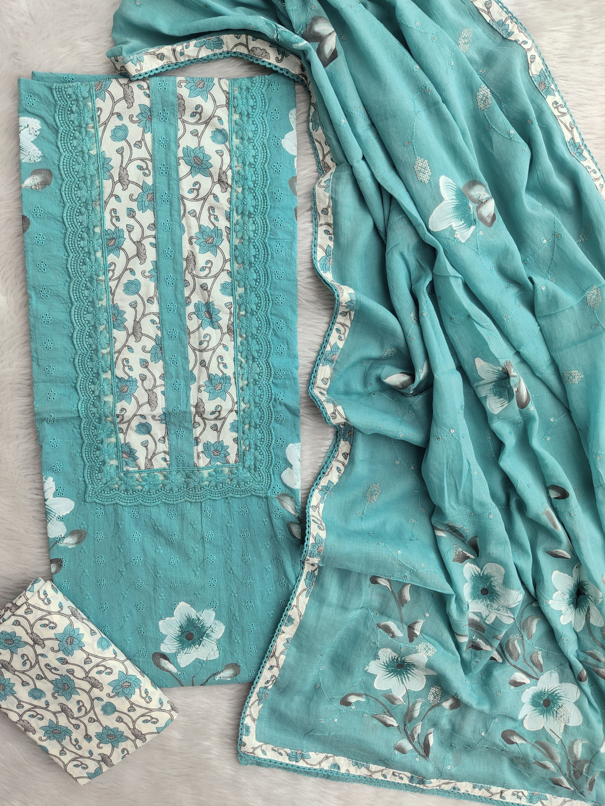 Exclusive Unstitched HAND PAINTED Cotton Suit with HAND PAINTED Mulmul Embroidery Dupatta