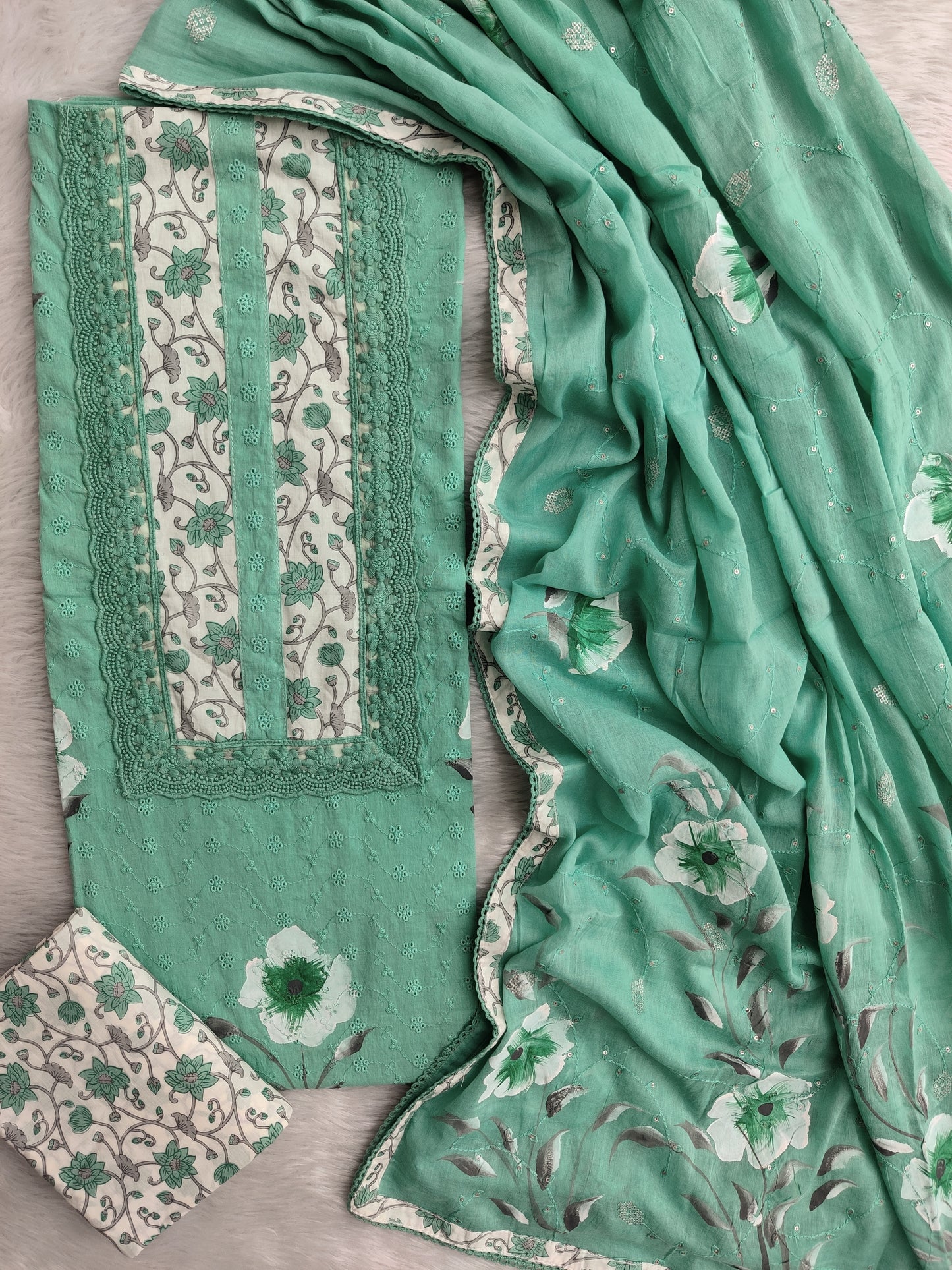 Exclusive Unstitched HAND PAINTED Cotton Suit with HAND PAINTED Mulmul Embroidery Dupatta