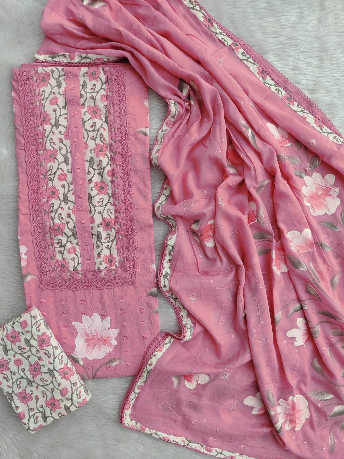 Exclusive Unstitched HAND PAINTED Cotton Suit with HAND PAINTED Mulmul Embroidery Dupatta