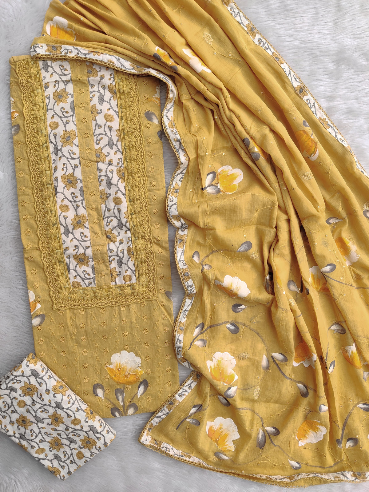 Exclusive Unstitched HAND PAINTED Cotton Suit with HAND PAINTED Mulmul Embroidery Dupatta