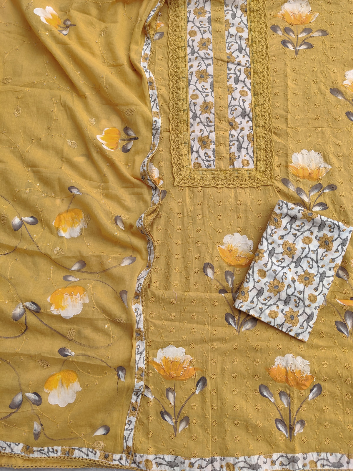 Exclusive Unstitched HAND PAINTED Cotton Suit with HAND PAINTED Mulmul Embroidery Dupatta