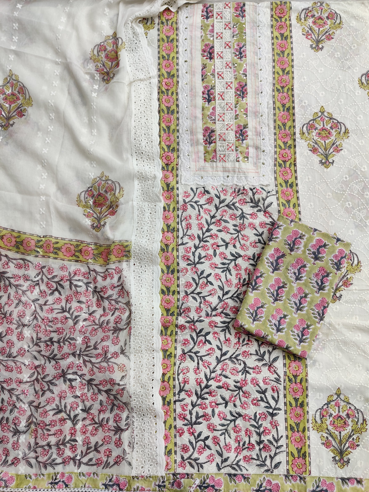 Exclusive Unstitched Cotton Suit with Mulmul Embroidery Dupatta
