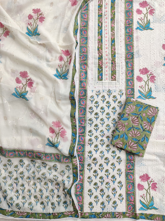 Exclusive Unstitched Cotton Suit with Mulmul Embroidery Dupatta