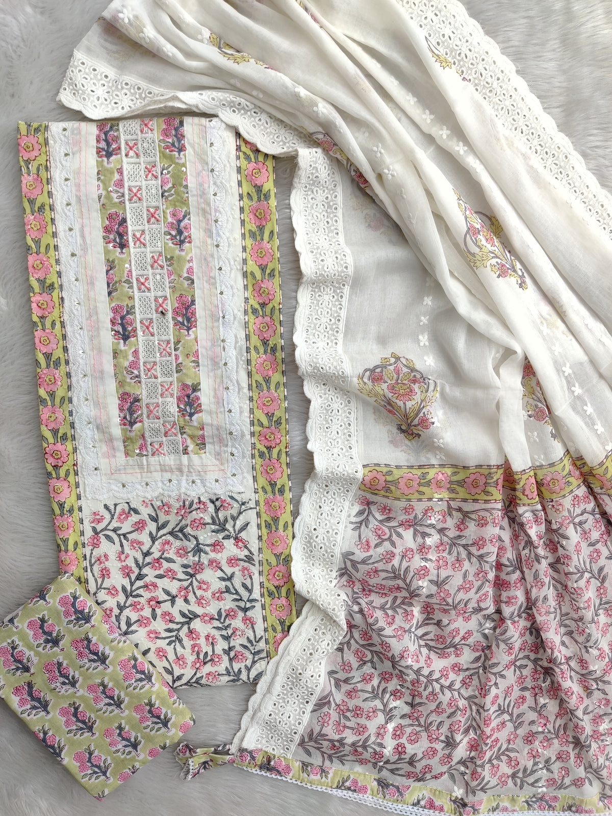 Exclusive Unstitched Cotton Suit with Mulmul Embroidery Dupatta