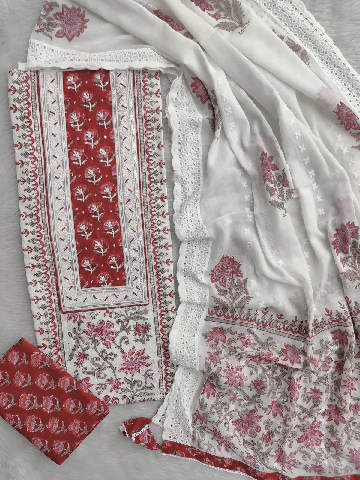 Exclusive Unstitched Cotton Suit with Mulmul Embroidery Dupatta