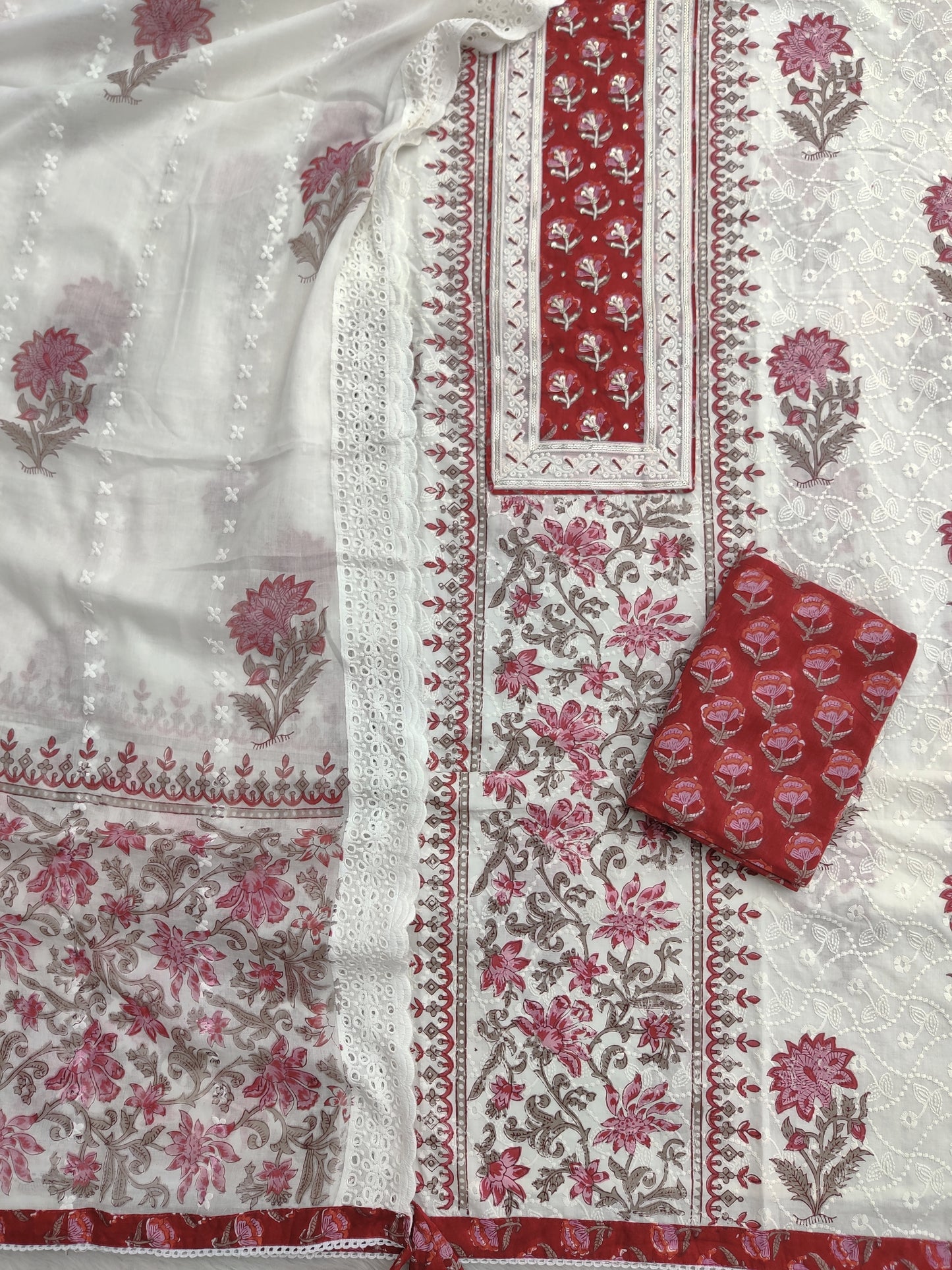 Exclusive Unstitched Cotton Suit with Mulmul Embroidery Dupatta