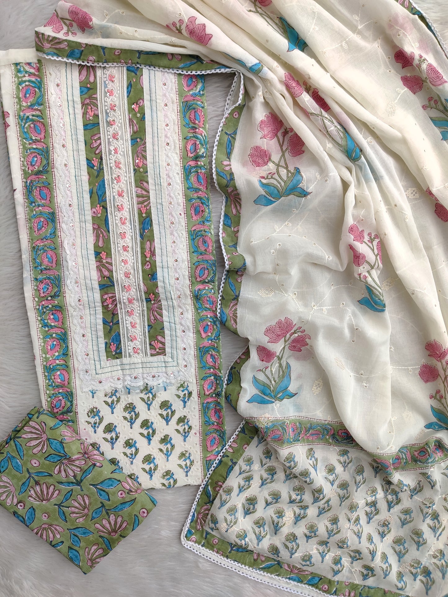 Exclusive Unstitched Cotton Suit with Mulmul Embroidery Dupatta