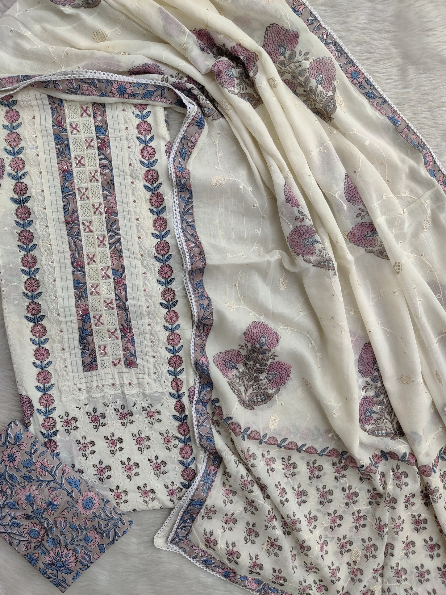 Exclusive Unstitched Cotton Suit with Mulmul Embroidery Dupatta
