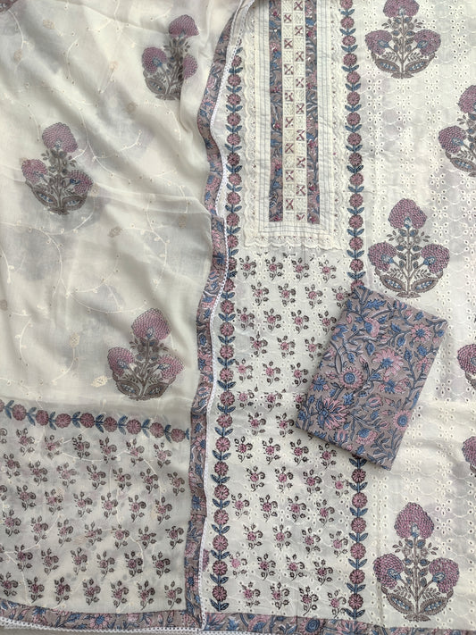 Exclusive Unstitched Cotton Suit with Mulmul Embroidery Dupatta
