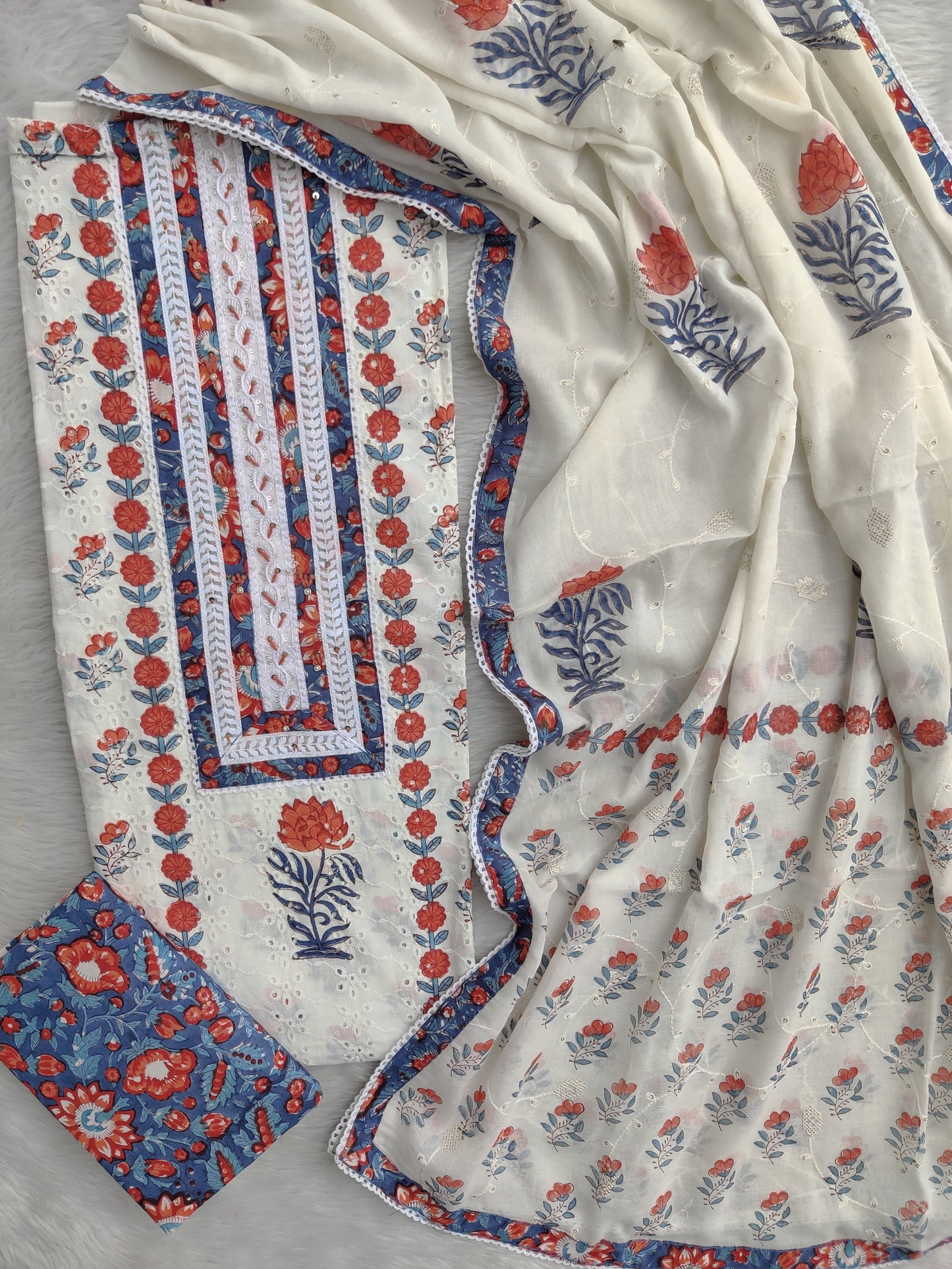 Exclusive Unstitched Cotton Suit with Mulmul Embroidery Dupatta