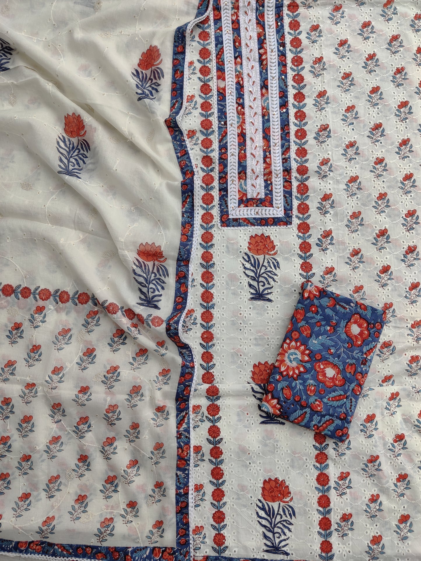 Exclusive Unstitched Cotton Suit with Mulmul Embroidery Dupatta