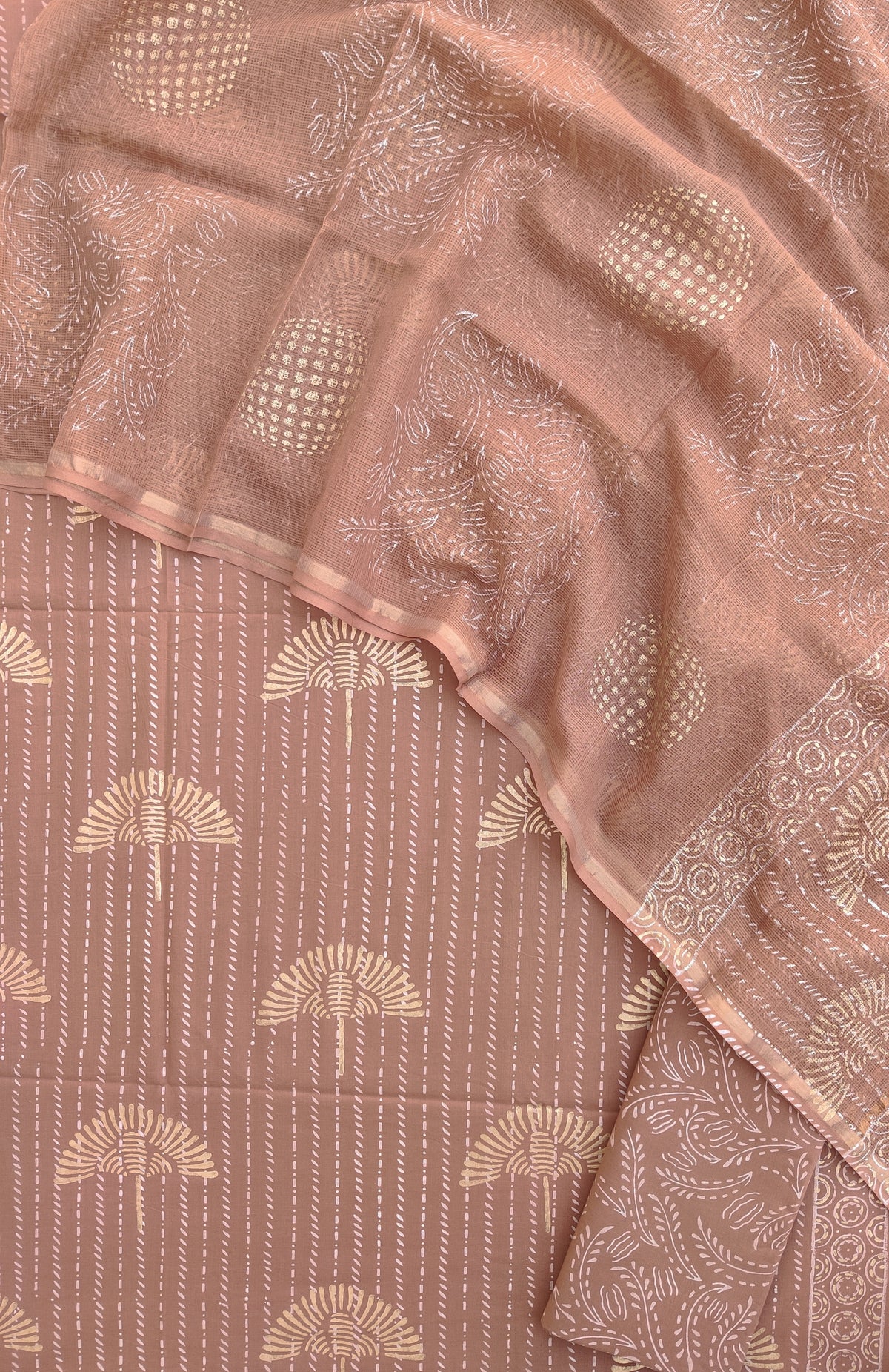 KHADI GOLD Hand Block Printed Cotton Suit with Cotton Kota Doria dupatta
