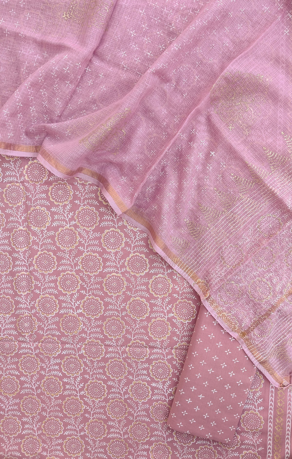 KHADI GOLD Hand Block Printed Cotton Suit with Cotton Kota Doria dupatta