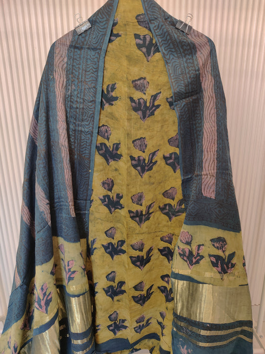 (NASHPAL) Hand Block Printed Modal Silk TOP with Modal Silk Lagdi Patta Dupatta (NO BOTTOM)