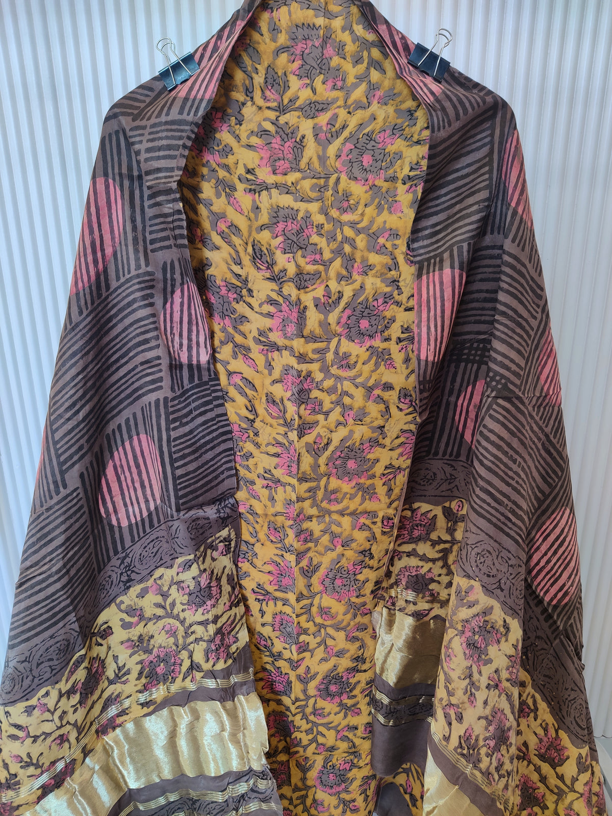(NASHPAL) Hand Block Printed Modal Silk TOP with Modal Silk Lagdi Patta Dupatta (NO BOTTOM)