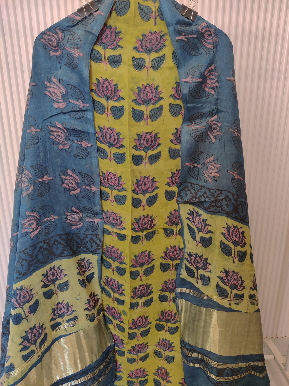 (NASHPAL) Hand Block Printed Modal Silk TOP with Modal Silk Lagdi Patta Dupatta (NO BOTTOM)
