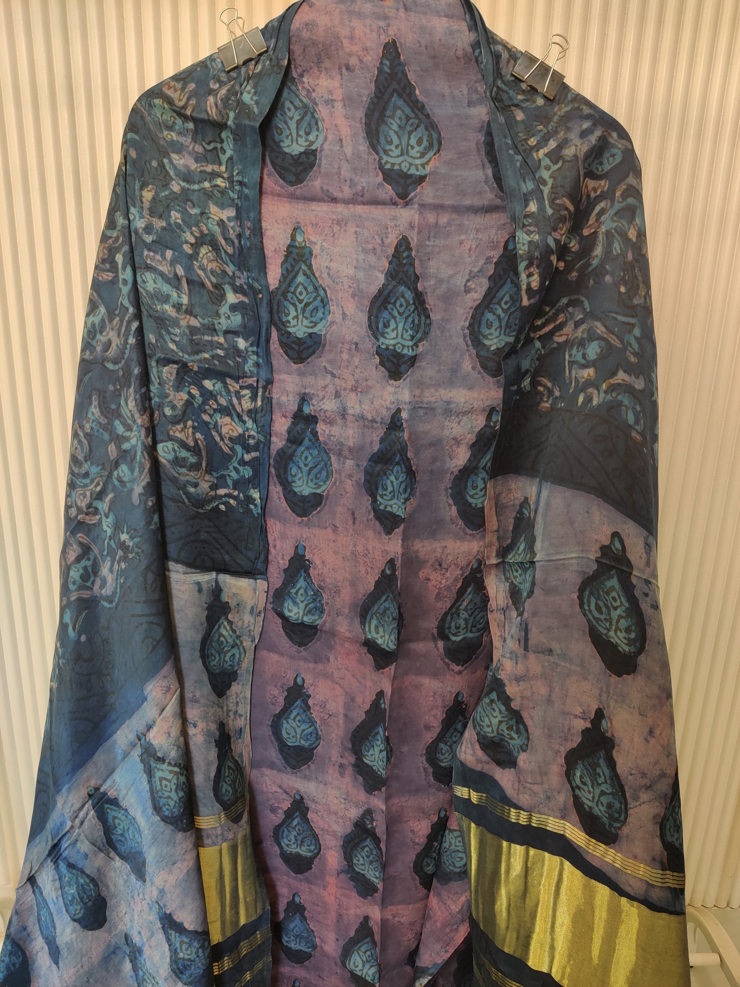 (NASHPAL) Hand Block Printed Modal Silk TOP with Modal Silk Lagdi Patta Dupatta (NO BOTTOM)