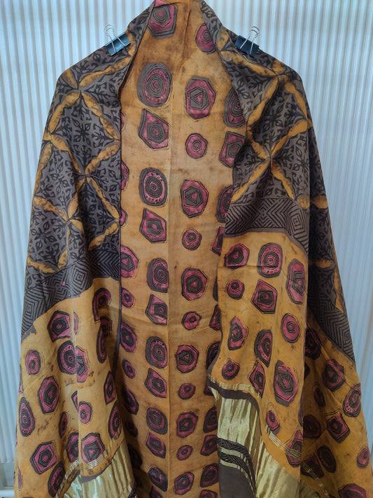 (NASHPAL) Hand Block Printed Modal Silk TOP with Modal Silk Lagdi Patta Dupatta (NO BOTTOM)