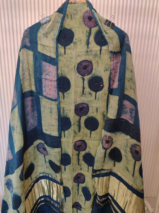(NASHPAL) Hand Block Printed Modal Silk TOP with Modal Silk Lagdi Patta Dupatta (NO BOTTOM)