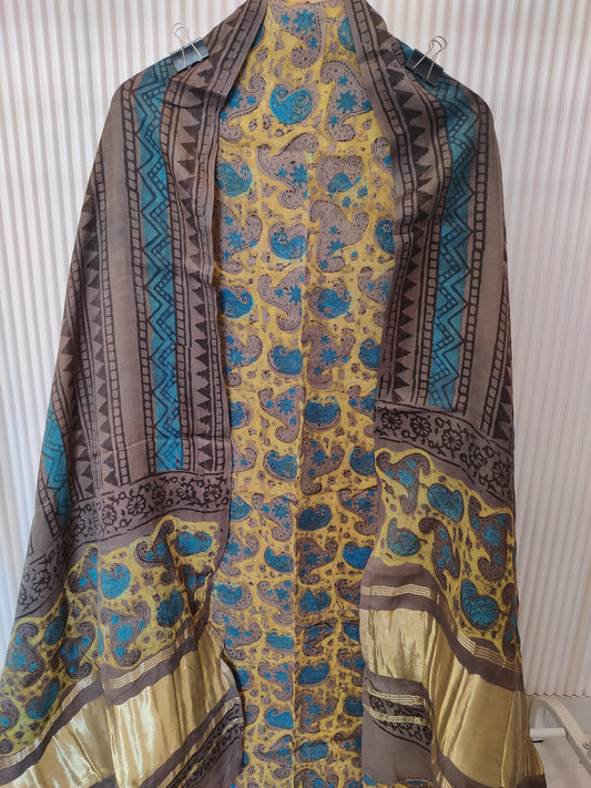 (NASHPAL) Hand Block Printed Modal Silk TOP with Modal Silk Lagdi Patta Dupatta (NO BOTTOM)
