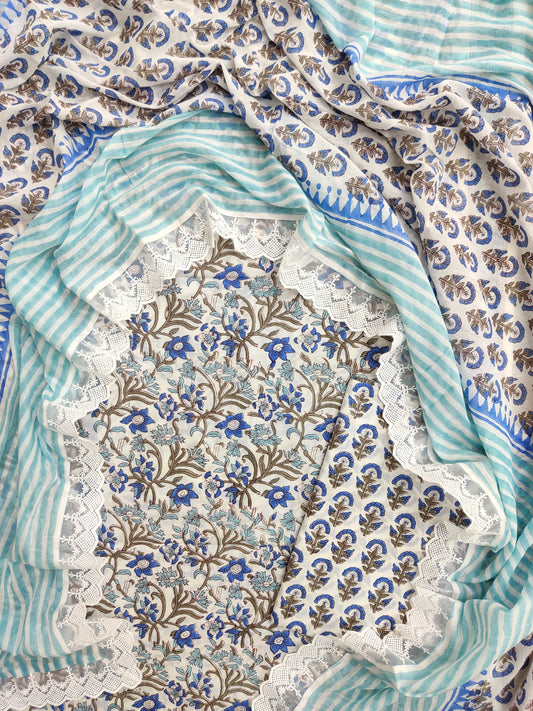 Hand Block Printed Cotton Suit With Lace Work Mulmul Dupatta