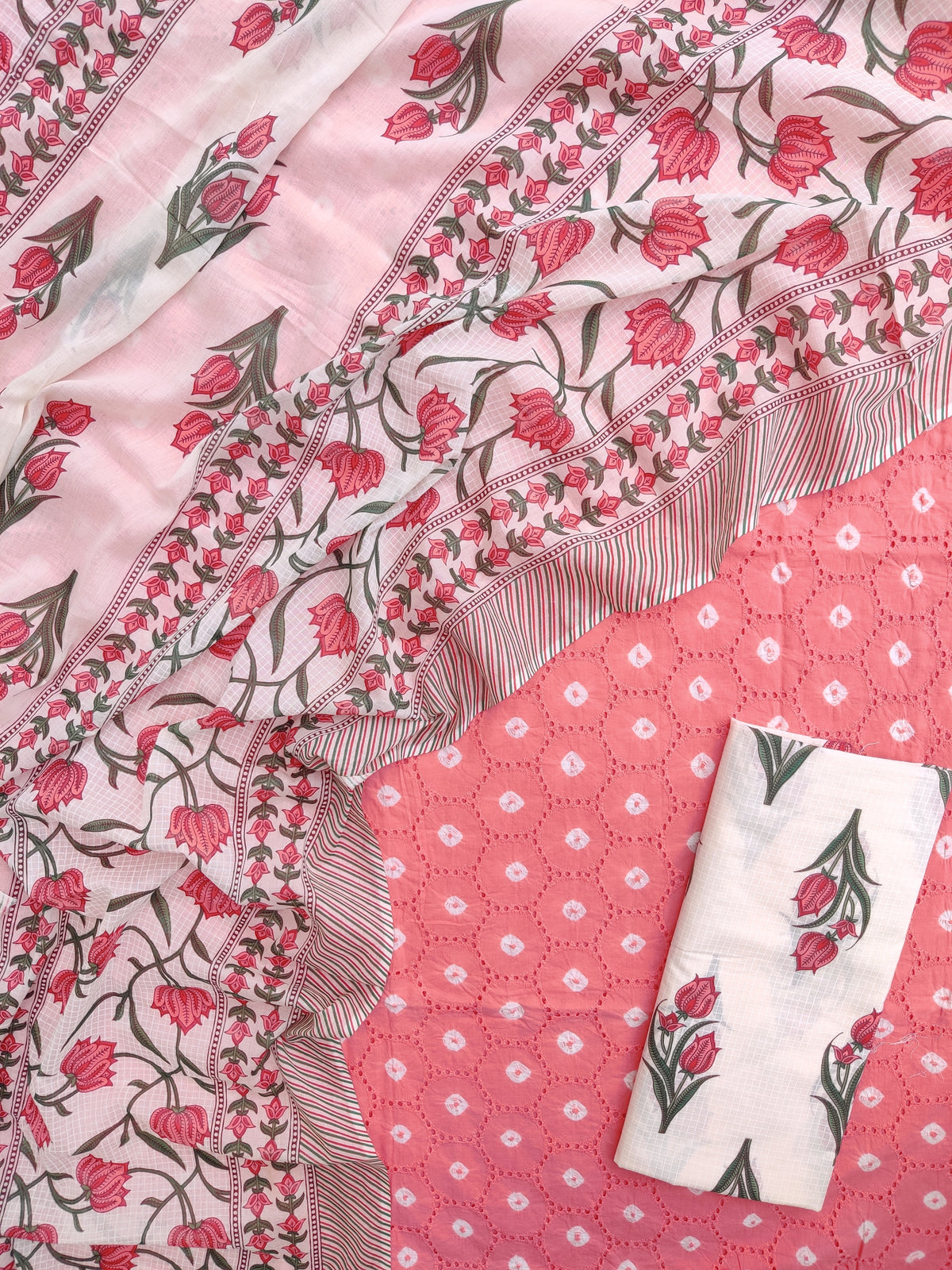 BANDHANI Schiffli Suit with Mulmul Dupatta