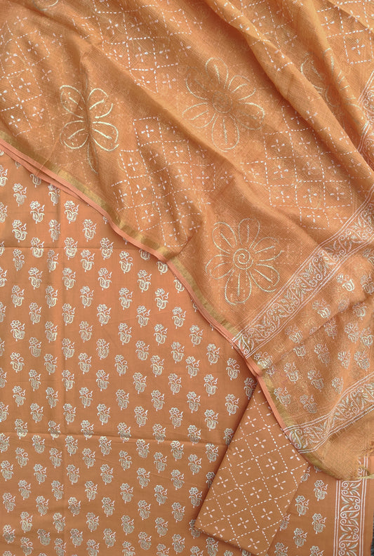 KHADI GOLD Hand Block Printed Cotton Suit with Cotton Kota Doria dupatta