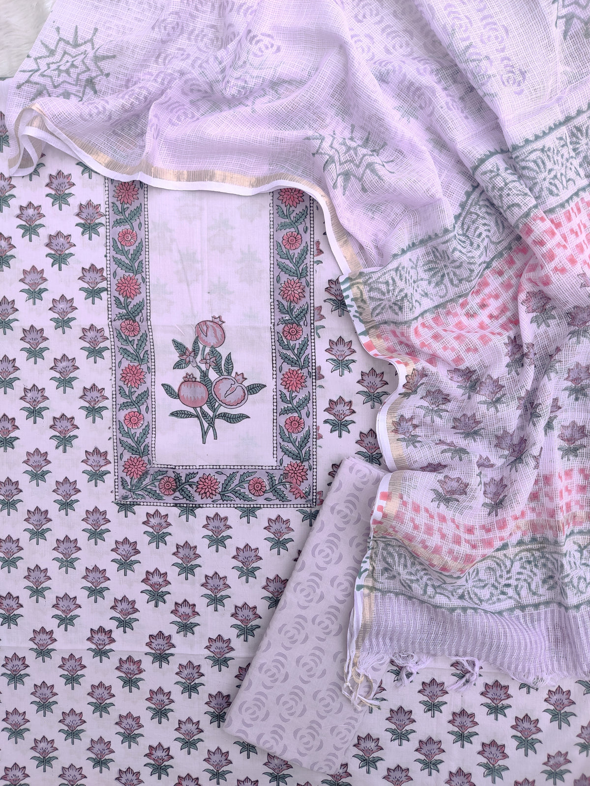 Hand Block Printed Cotton Suit with Cotton Kota Doria dupatta