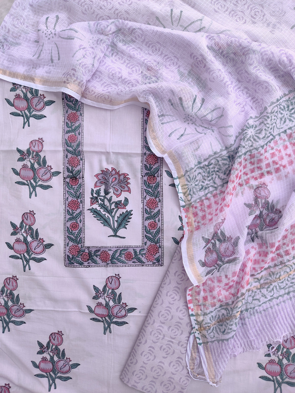 Hand Block Printed Cotton Suit with Cotton Kota Doria dupatta